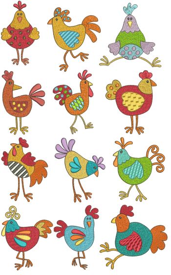 Funky Chickens Filled Stitch Machine Embroidery Designs by JuJu