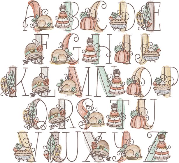 Sketch Thanksgiving Alphabet | Machine Embroidery Designs by JuJu