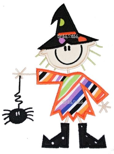 Stick Figure Witch Scarecrow Applique | Machine Embroidery Designs by JuJu