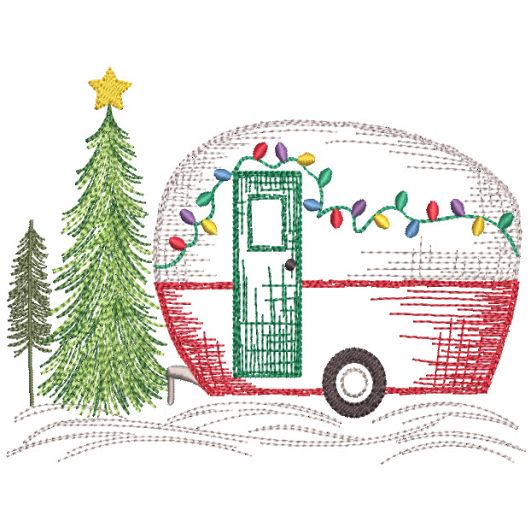 Christmas Camper Vintage Sketch | Machine Embroidery Designs by JuJu