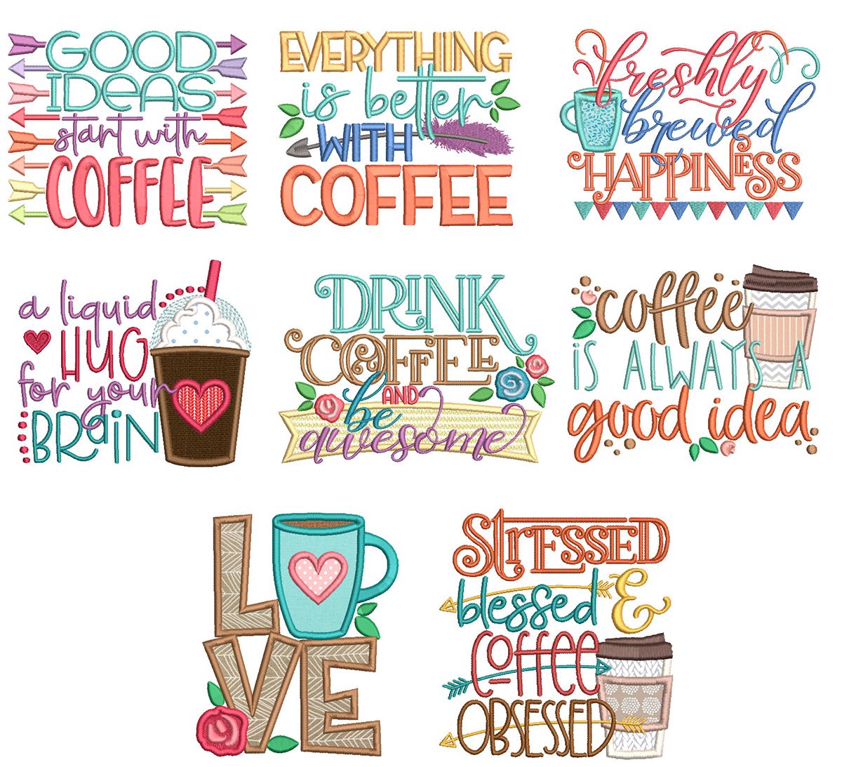 Coffee Word Art 4 Machine Embroidery Designs by JuJu