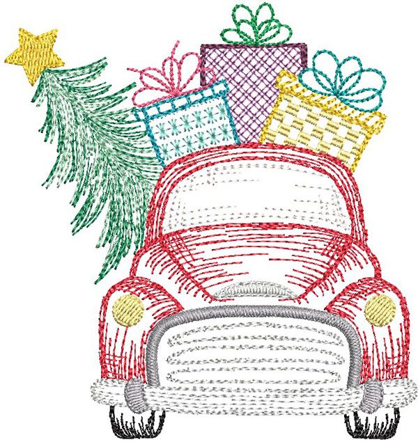 Christmas Truck Front Vintage Sketch