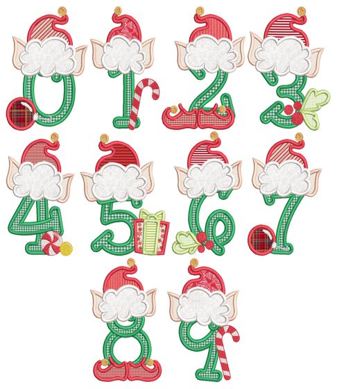 Christmas Elf Numbers Machine Embroidery Designs by JuJu