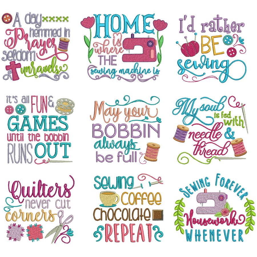 Sewing Sayings Set 1 Machine Embroidery Designs by JuJu